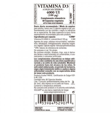 SOLGAR VITAMINA D3 4000IU 60 CÁPSULAS VEGETALES