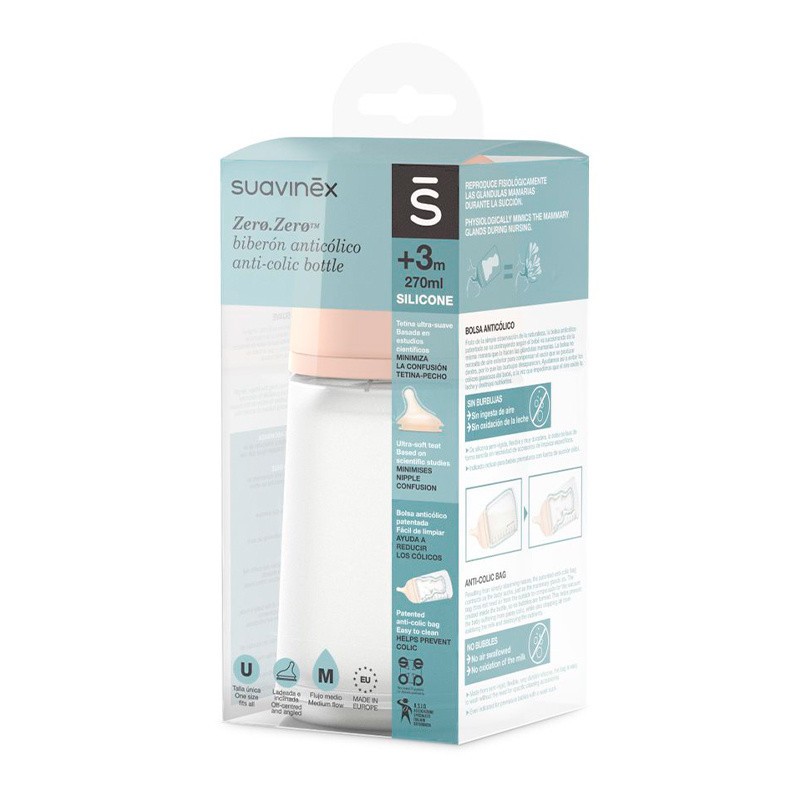 SUAVINEX ZERO.ZERO BIBERON ANTICOLICO TETINA SILICONA FLUJO MEDIO +3 MESES 270ML