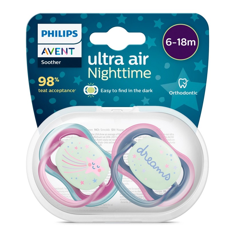 CHUPETE SILICONA PHILIPS AVENT ULTRA AIR NOCTURNO 6 - 18 MESES 2 UNIDADES NIÑA