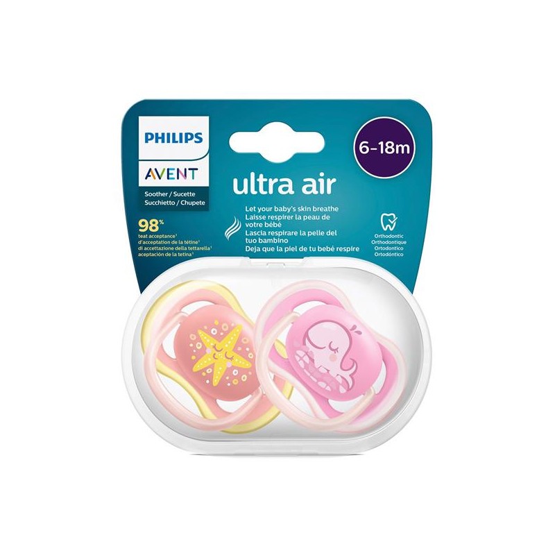 CHUPETE SILICONA ORTODONTICO PHILIPS AVENT ULTRA AIR 6 - 18 MESES 2 UNIDADES NIÑA SCF085/04