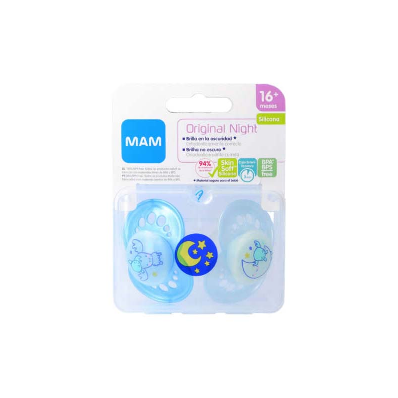 MAM ORIGINAL NIGHT CHUPETE SILICONA FISIOLOGICO +16 MESES 2 UNIDADES AZUL