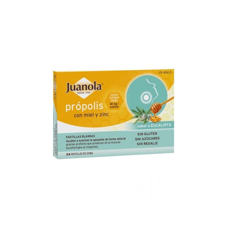 JUANOLA PROPOLIS MIEL Y ZINC 24 PASTILLAS DE GOMA SABOR EUCALIPTO