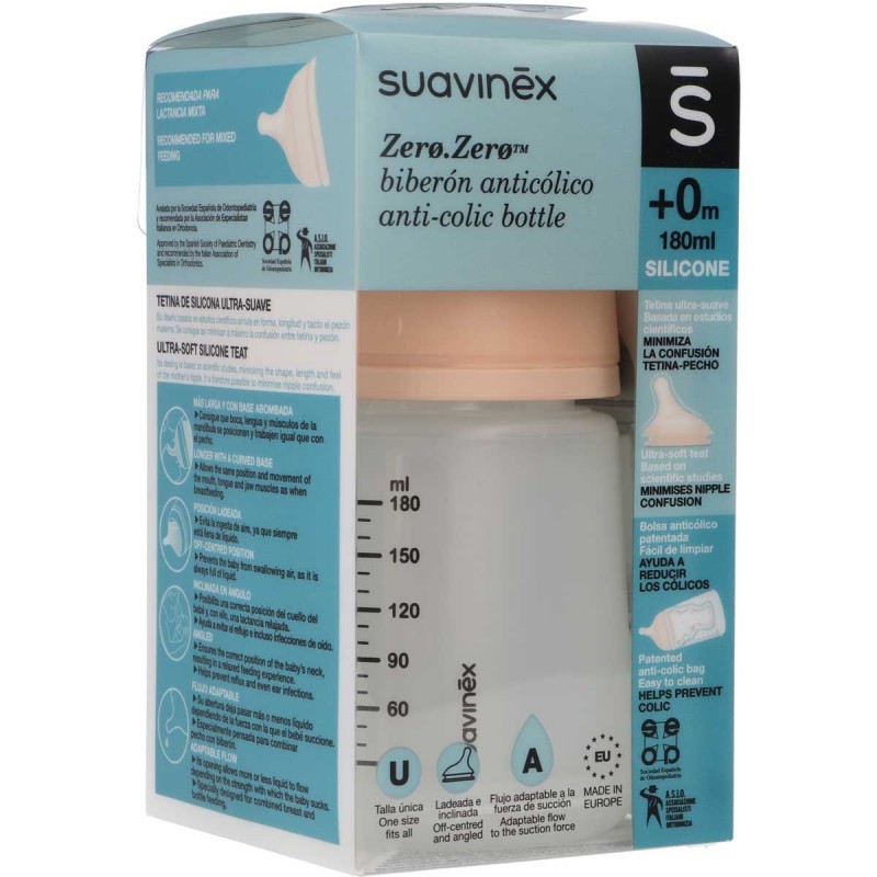 SUAVINEX ZERO.ZERO BIBERON ANTICOLICO SILICONA  +0 FLUJO LENTO S 180 ML