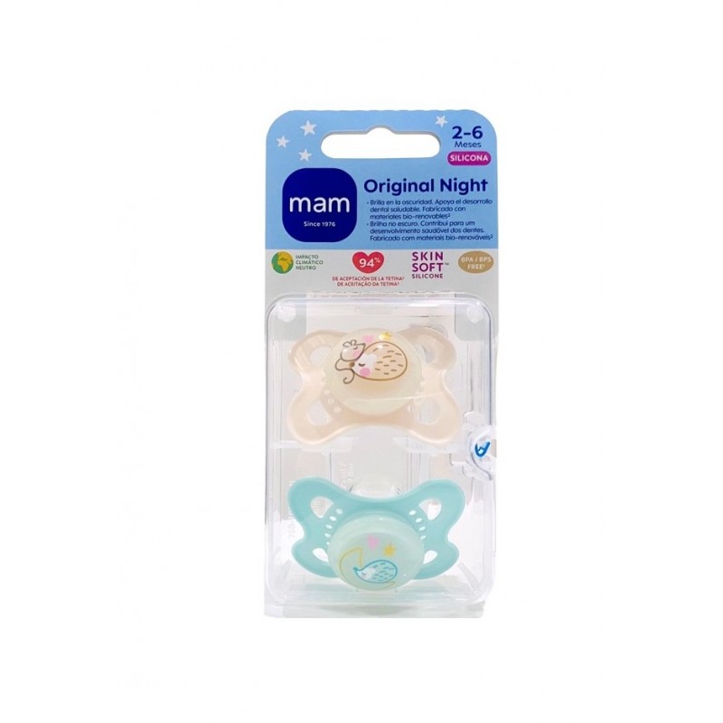MAM CHUPETE SILICONA ORIGINAL NIGHT 2 - 6 MESES MATT R PACK DOBLE