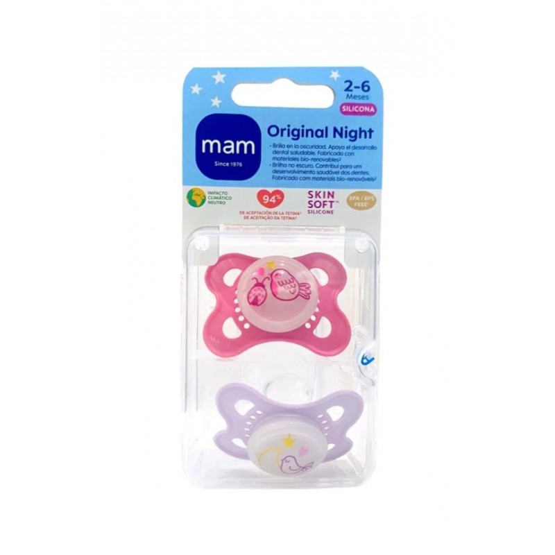 MAM ORIGINAL NIGHT  CHUPETE SILICONA FISIOLOGICO + 6 MESES 2 UNIDADES COLOR ROSA